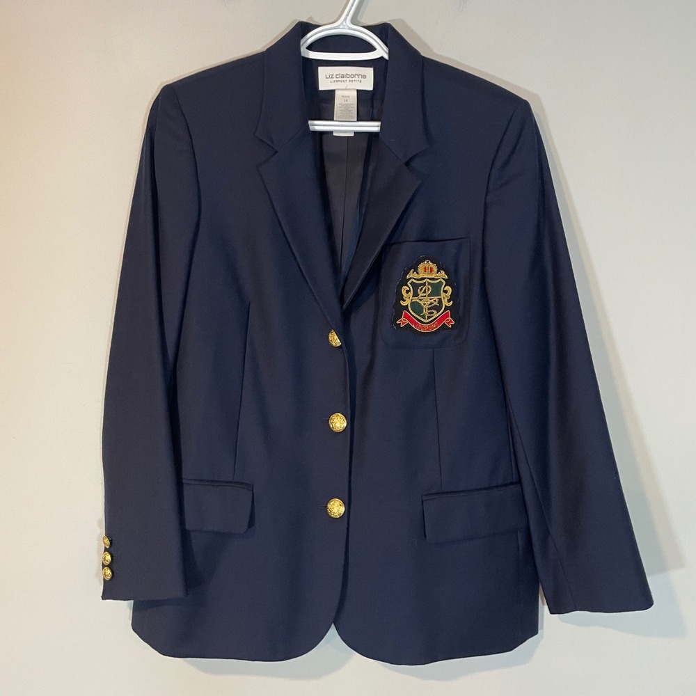 Liz Claiborne Lizsport Petite Navy Blue 100% Wool Crest Blazer Size 14P Academia